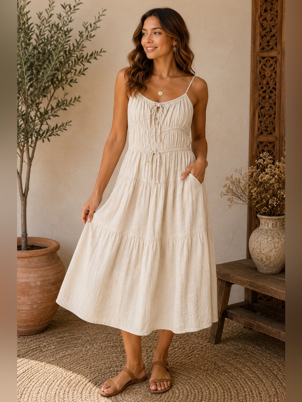 SIM & SAM Cream Cotton Blend Tiered Sundress Size M